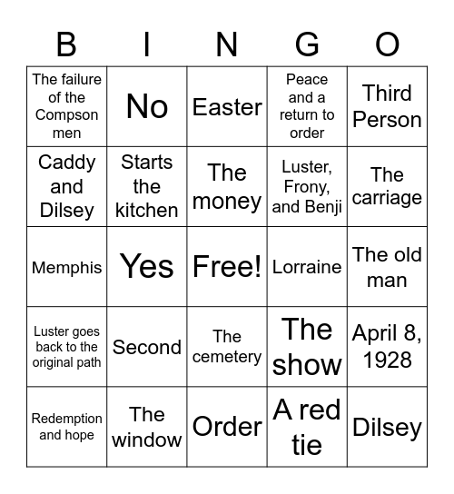 The Sound and The Fury Bingo Card