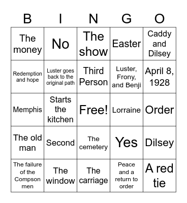 The Sound and The Fury Bingo Card