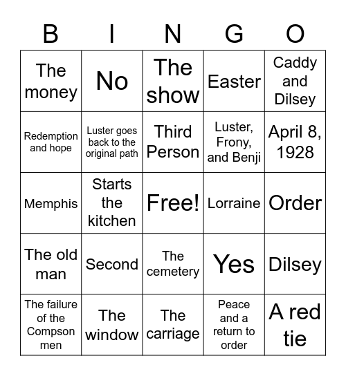 The Sound and The Fury Bingo Card