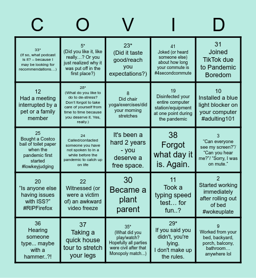COVID/Remote Work BINGO Card