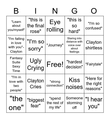The Bachelor Bingo - Clayton's Season Bingo Card