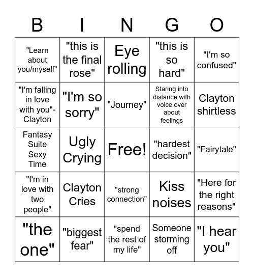The Bachelor Bingo - Clayton's Season Bingo Card