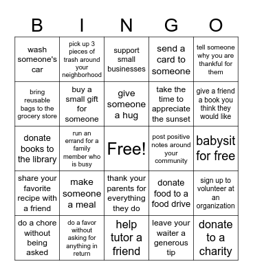 Kindness Relay Bingo Card