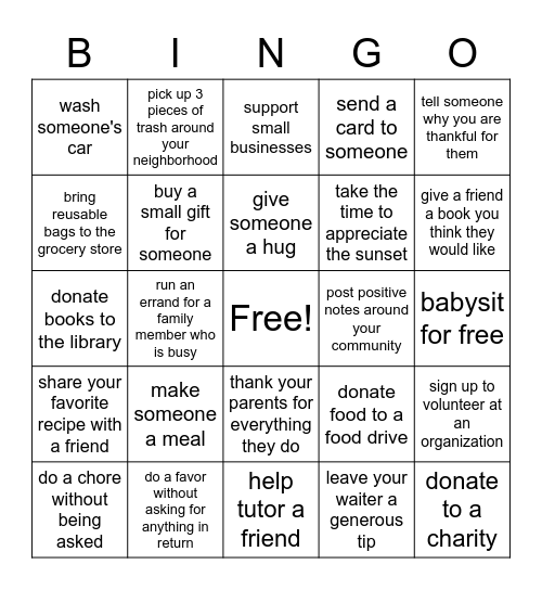 Kindness Relay Bingo Card