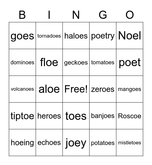 OE Words Bingo Card