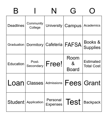 Get Ready for College Bingo Card