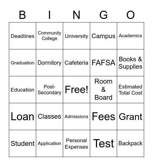 Get Ready for College Bingo Card