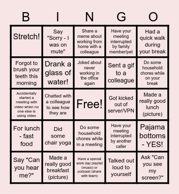 Remote Work Bingo 2022 Q1 Bingo Card