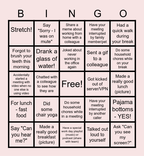 Remote Work Bingo 2022 Q1 Bingo Card