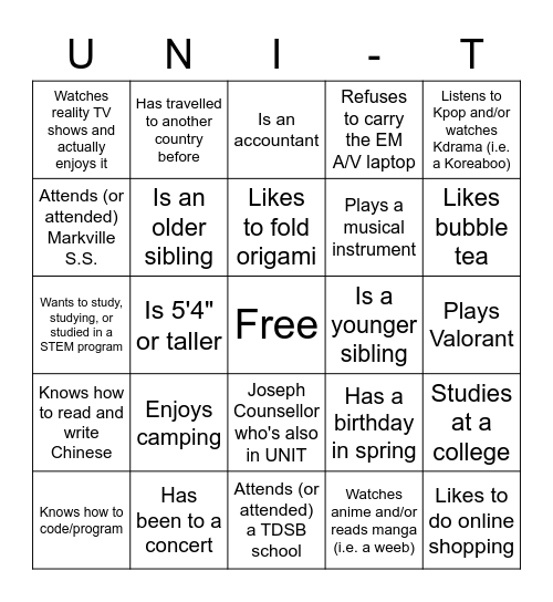 Joseph x UNIT Bingo Card