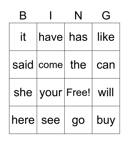 sight word Bingo Card