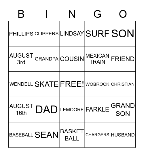 AUGUST BIRTHDAYS Bingo Card