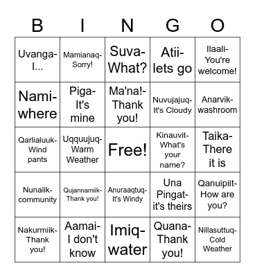 Inuktitut Bingo Card
