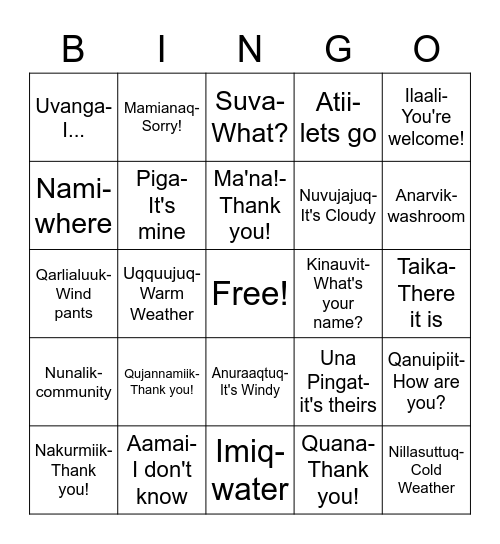 Inuktitut Bingo Card