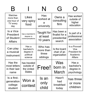 Rising President Fellowship BINGO Card