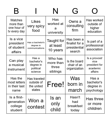 Rising President Fellowship BINGO Card