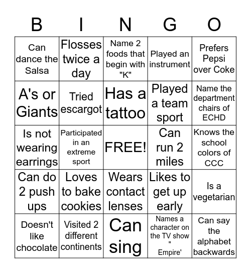 People Bingo - Getting to Know You Bingo Card
