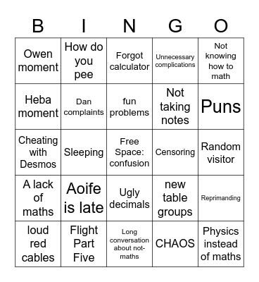 Maths Class Bingo Card