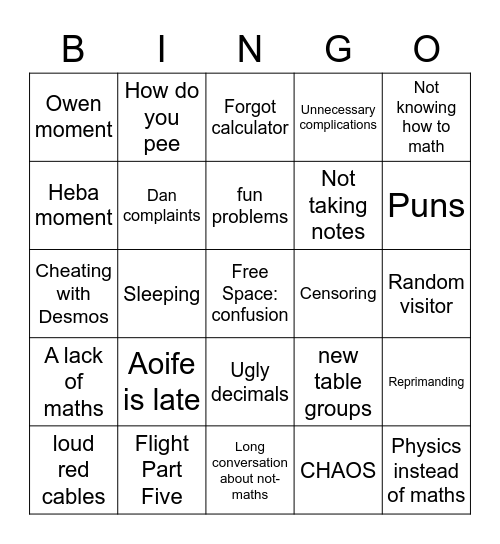 Maths Class Bingo Card