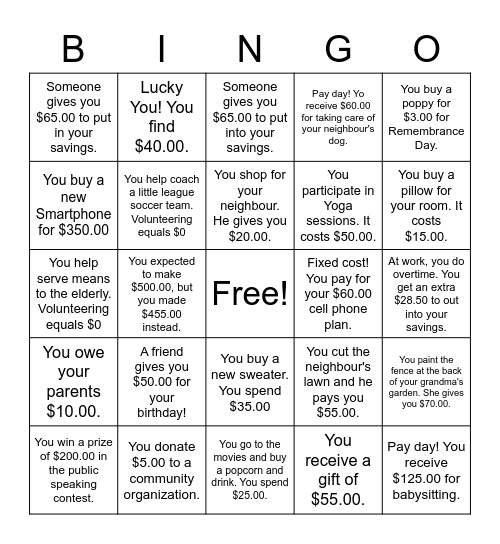 Financial Literacy BINGO Card