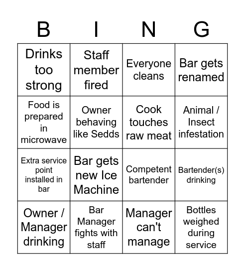 Bar Rescue Kebab Bingo Card