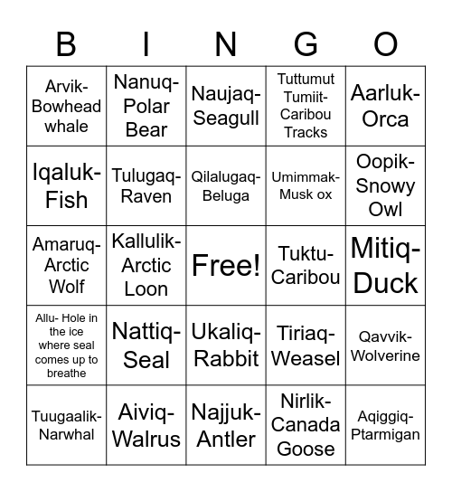 Inuktitut Bingo! Bingo Card