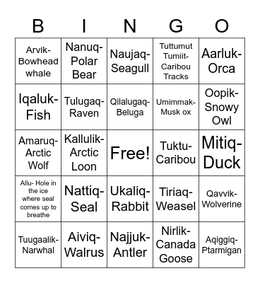 Inuktitut Bingo! Bingo Card