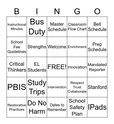Welcome Back! Bingo Card