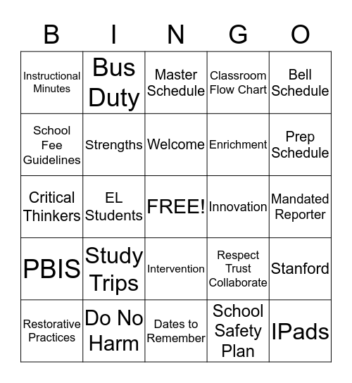 Welcome Back! Bingo Card