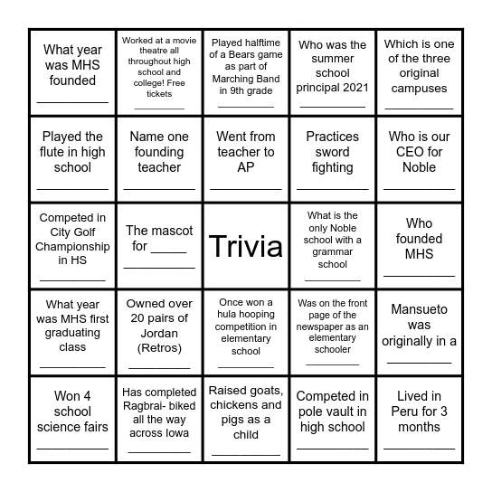 Advisory Trivia Bingo Card