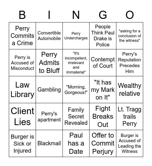 Perry Mason Bingo Card