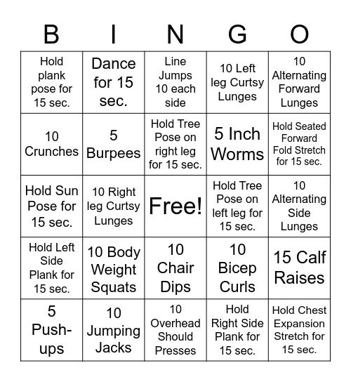 Fitness Bingo Card