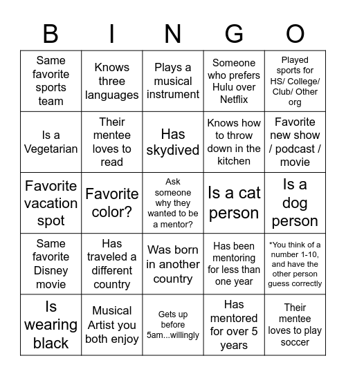 Mentor 2.0 Bingo! Bingo Card
