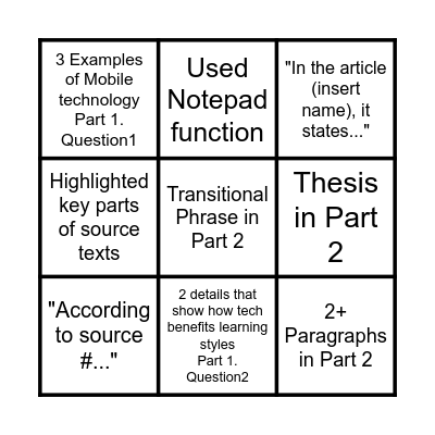 Performance Task Bingo Card