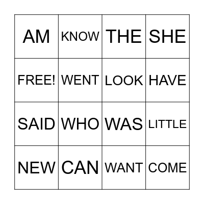 Sight Words Bingo Card
