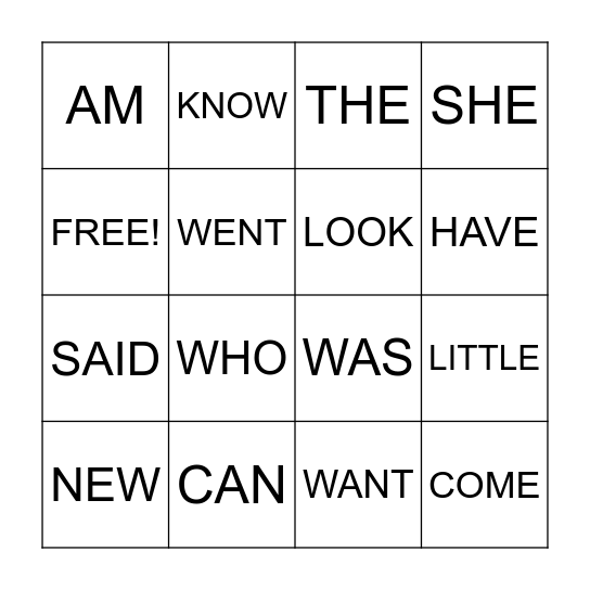 Sight Words Bingo Card