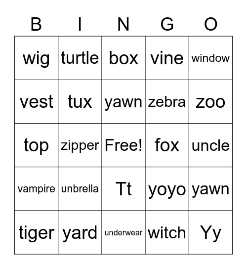 Alphabet Review Tt~Zz Bingo Card