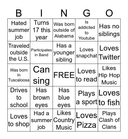 Getting to know you Bingo Card