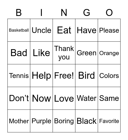Intro ASL Bingo Card