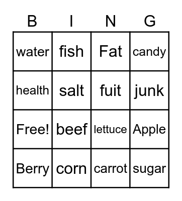 Health Food Bingo Card