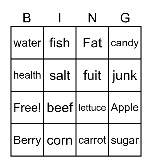 Health Food Bingo Card