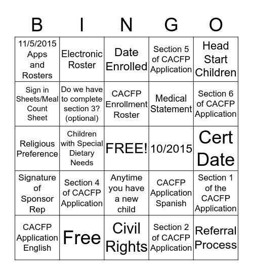 Family Services CACFP Bingo Card