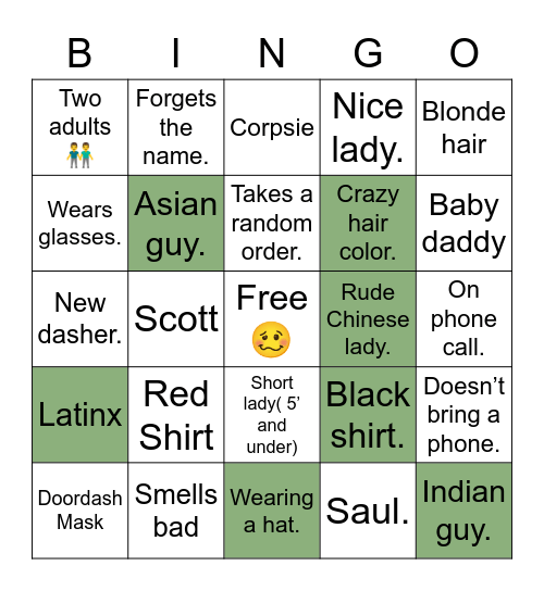 Dasher Bingo Card