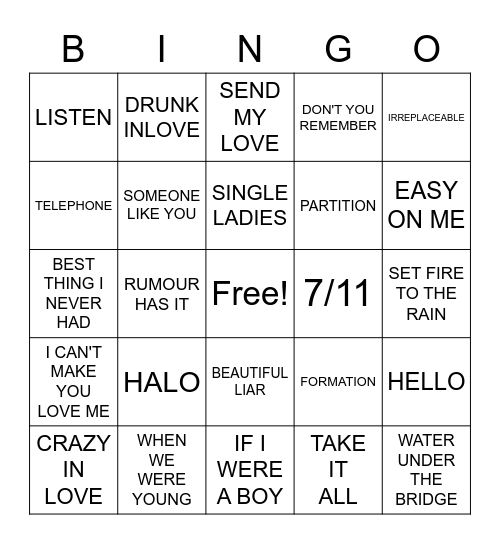 Adele VS Beyonce Bingo Card