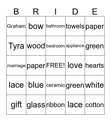 Bridal Shower Gift Bingo! Bingo Card