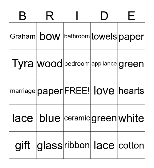 Bridal Shower Gift Bingo! Bingo Card