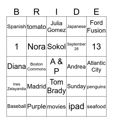 Patricia's Bridal Shower Bingo Card