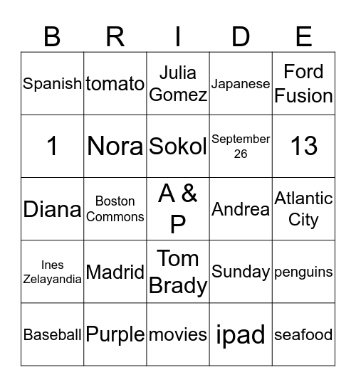 Patricia's Bridal Shower Bingo Card