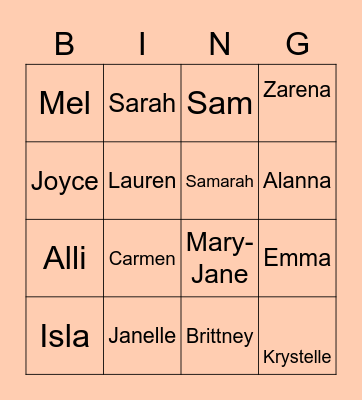 Janelle's Bridal Bingo Card