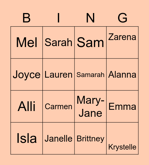 Janelle's Bridal Bingo Card